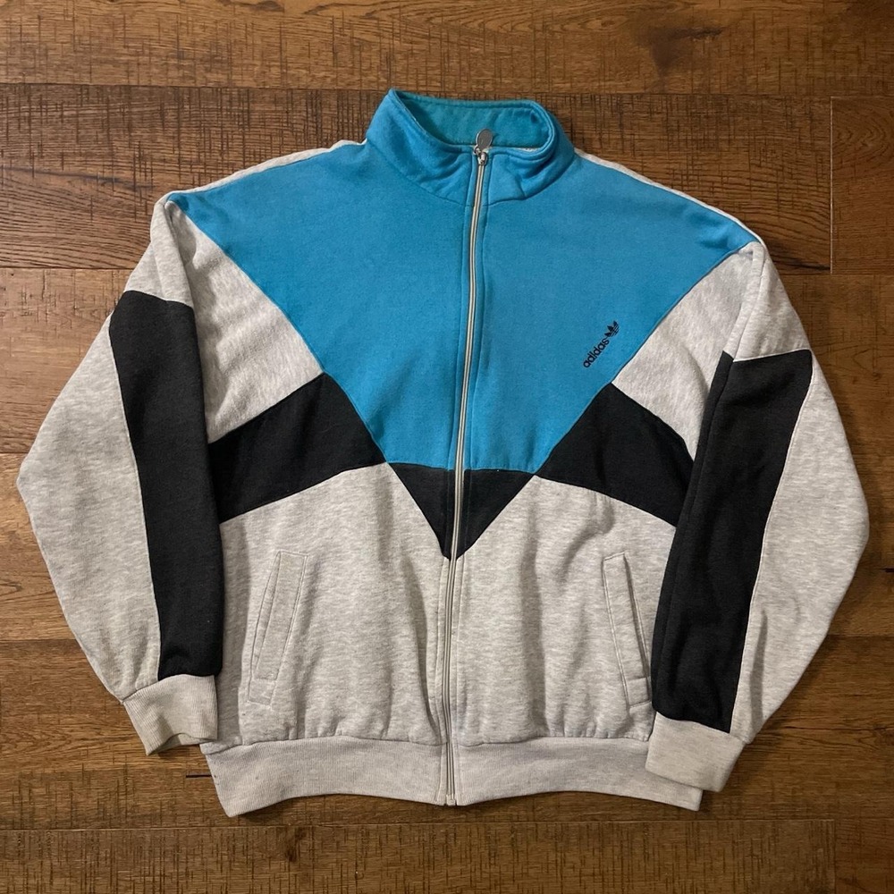 Adidas Zip Up Jacket Mens L Blue Grey Retro 80s Color Block Athleisure